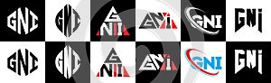 GNI letter logo design in six style. GNI polygon, circle, triangle, hexagon, flat and simple style with black and white color