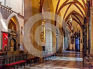 Gothic aisle of Gniezno Cathedral with symbolic sarcophagus and coffin of St. Adalbert, Sw. Wojciech, martyr in Gniezno, Poland