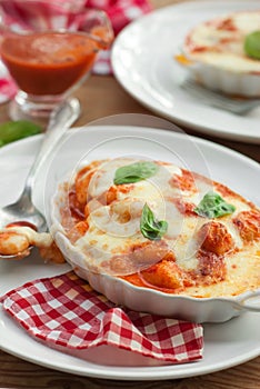 Gnocchi alla sorrentina - Homemade gnocchi with tomato sauce basi, onions and mozzarella