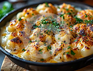 Gnocchi with cheese and parsley in pan