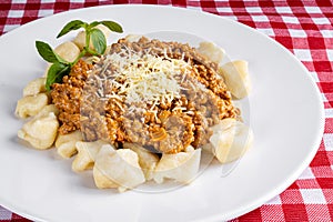 GNOCCHI COOKED WITH GROUND MEAT IN TOMATO SAUCE, COVERED IN GRATED CHEESE MOUNTED ON A WHITE PLATE ON A CHEERED TOWEL