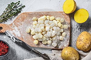 Gnocchi meal ingredients: fresh gnocchi, olive oil, potatoes and thyme. Gray background. Top view