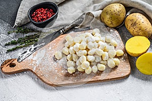 Gnocchi meal ingredients: fresh gnocchi, olive oil, potatoes and thyme. Gray background. Top view