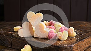 Gnocchi and Parmesan. Traditional Italian pasta with heart-shaped potatoes in different colors. Fresh cooked food from