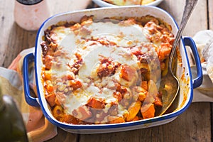 Gnocchi, pumpkin, chickpeas bale in tomato sauce with cheese