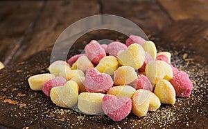 Gnocchi. Traditional Italian pasta with heart-shaped potatoes in different colors. Fresh cooked food from the south of