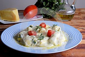 Gnocchi with white bÃ©chamel sauce, typical Italian pasta potato food