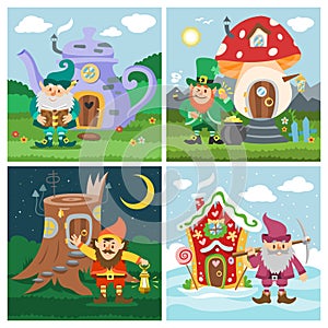 Gnome fantasy house vector cartoon fairy treehouse and magic housing village illustration set of kids banners.