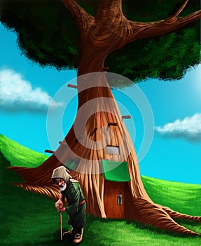 A gnome in front his magical tree house