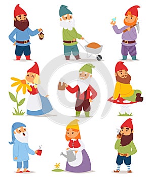 Gnome garden set funny little character cute fairy tale dwarf man in cap and cartoon holiday old leprechaun gardening