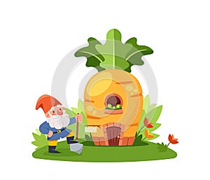 Gnome Gardener with Spade near the Carrot House. Isolated Ripe Vegetable Hut With Wooden Door and Window
