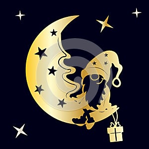 A gnome with a gift sits on the starry moon. File for sublimation and cutting