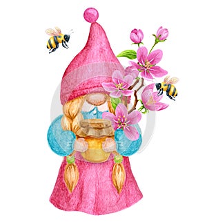 Gnome girl with honey jar, spring flowers and bee. Watercolor drawing. Garden girl gnome clipart