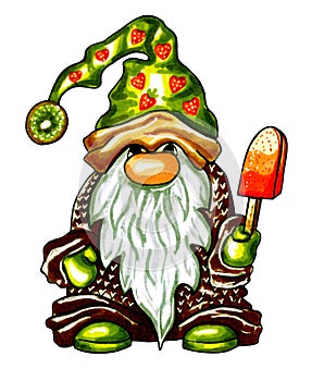 Gnome in green cap with strawberries and kiwis, in a brown raincoat, holding a red strawberry ice cream on a stick in his hand.