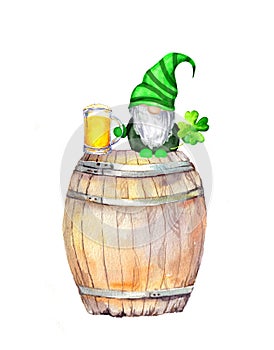 Gnome on green celtic colors with lucky clover and mug of beer on wooden barrel. Watercolor card for Saint Patrick day
