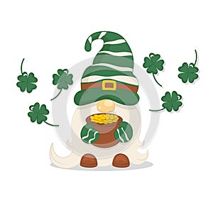 Gnome in a green hat with white stripes with a pot of gold and a four-leaf clover st patrick`s day