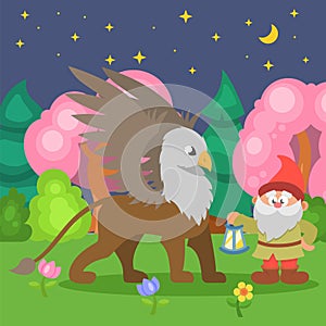 Gnome and griffin mythological characters in fairytale cartoon forest vector illustration.