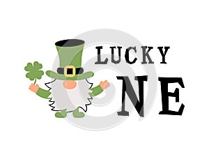 Gnome with irish hat and clover. St Patrick`s day concept.