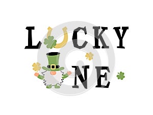 Gnome with irish hat and clover. St Patrick`s day concept.