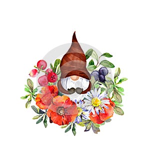 Gnome in meadow flowers, floral bouquet. Watercolor design