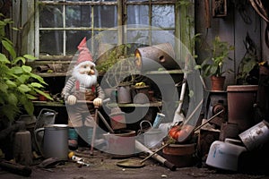 gnome with missing arm near garden tools