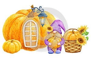 Gnome with pumpkin and sunflowers on background of country pumpkin house with flashlight. Thanksgiving or Harvest Day card design