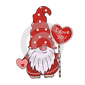 Gnome Valentine with a magic heart on a stick and in his hand