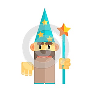 Gnome wizard in blue hat with stars and staff in his hands. Fairy tale, fantastic, magical colorful character