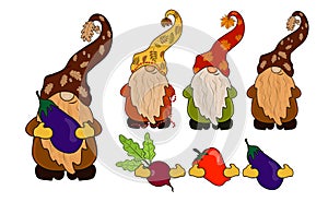 Gnomes in autumn hats and with vegetables in their hands. Illustration constructor. A set of gnomes and additional items