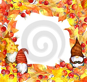 Gnomes in autumn leaves border. Watercolor natural frame cute folklore dwarfs in hats