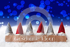 Gnomes, Blue Background, Bokeh, Geschenk Ideen Means Gift Ideas