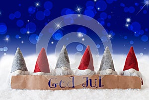Gnomes, Blue Bokeh, Stars, God Jul Means Merry Christmas