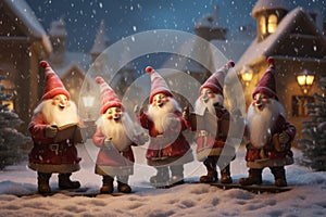 Gnomes dressed in festive attire singing Christmas carols around a snowy village