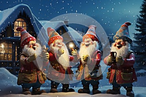 Gnomes dressed in festive attire singing Christmas carols around a snowy village