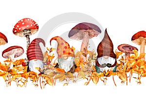 Gnomes in fall with mushrooms in autumn grass. Watercolor seasonal plants, family of scandinavian dwarves. Seamless