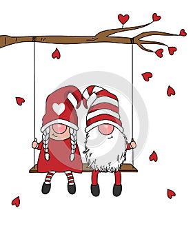 Gnomes in love card. Gnome couple sitting on a swing. photo