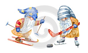 Gnomes playing hockey and skiing watercolor hand painted illustration