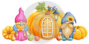 Gnomes with pumpkin and apples on background of country pumpkin house with flashlight. Thanksgiving or Harvest Day card design.