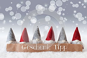 Gnomes, Silver Background, Bokeh, Stars, Geschenk Tipp Means Gift Tip