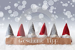 Gnomes, Silver Background, Bokeh, Stars, Geschenk Tipp Means Gift Tip photo