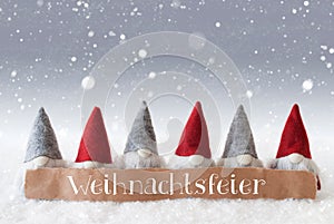 Gnomes, Silver Background, Snowflakes, Weihnachtsfeier Means Christmas Party