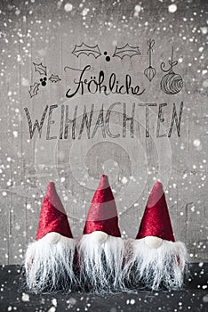 Gnomes, Snowflakes, Calligraphy Froehliche Weihnachten Means Merry Christmas