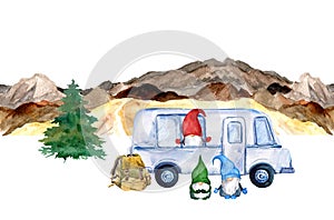 Gnomes in trailer in mountain travel. Outdoor family activity, summer local tourism watercolor