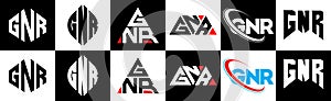 GNR letter logo design in six style. GNR polygon, circle, triangle, hexagon, flat and simple style with black and white color photo