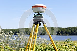 GNSS geodetic receiver works autonomously in the field photo
