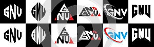 GNV letter logo design in six style. GNV polygon, circle, triangle, hexagon, flat and simple style with black and white color