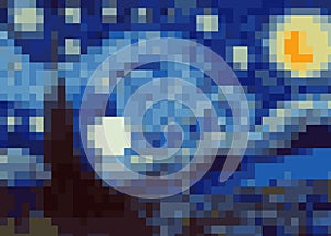 Abstract pixel art background, vector illustration inspired by the painting of Vincent Van Gogh, Moonlit Night vector photo
