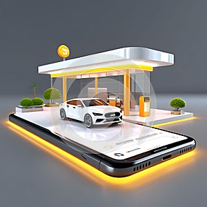 On-the-Go Auto Care: 3D Render Illustrating the Concept of Mobile Car Service, Service Station, and Parking Displayed on a Mobile