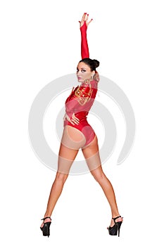 Go-go dancer in red stage costume