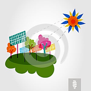 Go green city: sun, trees, and solar panels.